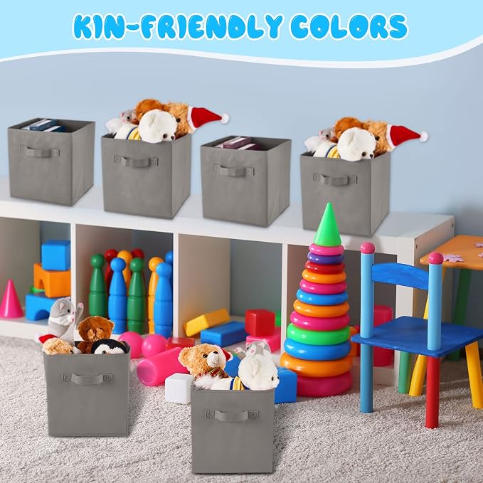 Yinder 12 Pcs Cube Storage Bin Grey 10.5''x10.5''x11'' Storage Bins for Playroom Decor Colorful Bins for Kids Foldable Baskets for Nursery Organizer Boxes Fabric Boxes - Image 3
