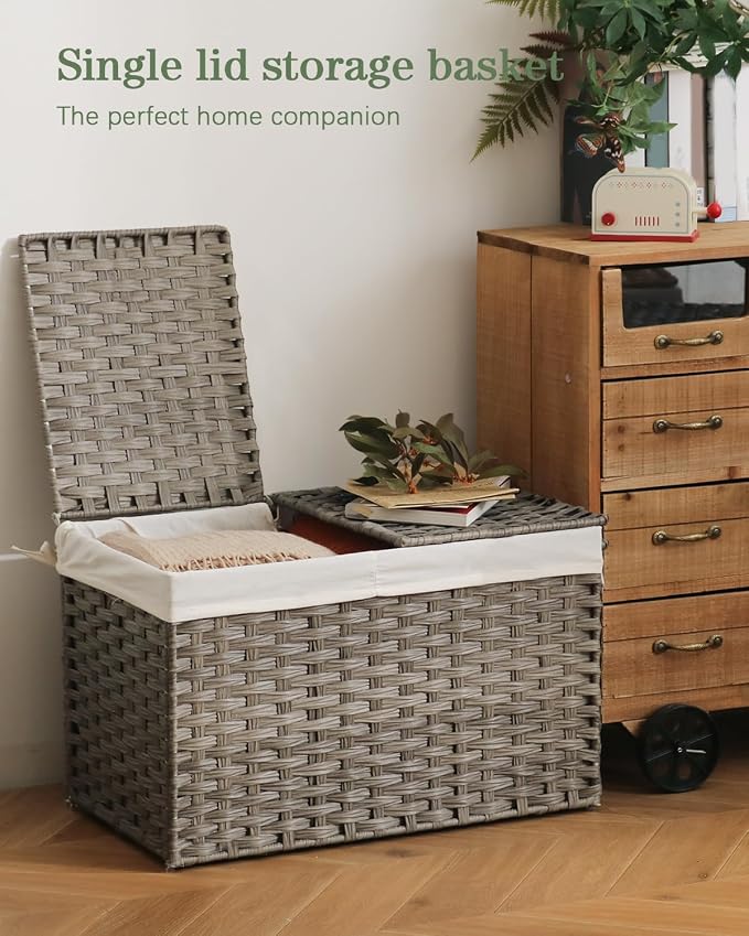 SETVSON Storage Basket with Lid Wicker Baskets for Storage, 160L Gray | Dual Lid Jumbo Blanket Storage Trunk, Divided Clothes Organizer, 2 Washable Liner Bags, Collapsible PE Rattan Bin - Image 2