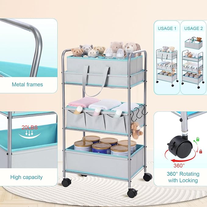 FoldTier 2in1 Colorful Baby Diaper Caddy Organizer Cart 3 Tier Large Capacity Metal Utility Bedside Rolling Cart with Divider for Newborn Nursery Essential Must Have Crib Bedroom Baby Shower (Blue) - Image 3