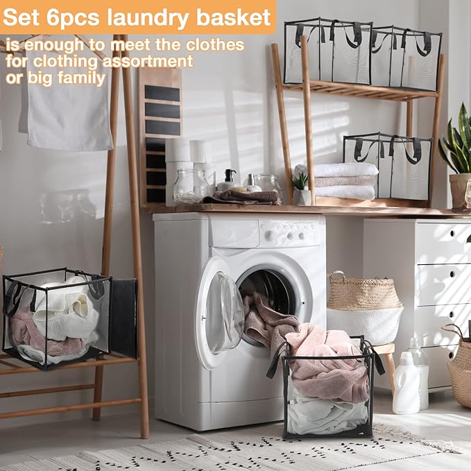 Zopeal 6 Pack Collapsible Mesh Laundry Basket, Black, Single-layer | 13 Inch Square with Handles, Portable Foldable Hamper, Mesh See-through, Space Saving for Dorm Bedroom Laundry Room - Image 5
