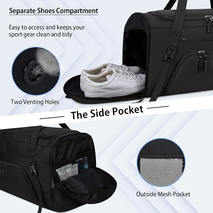 Gym Duffle Bag for Women Men 55L Waterproof Sports Bags Travel Duffel Bags with Shoe Compartment,Wet Pocket Large Weekender Overnight Bag with Toiletry Bag,Black - Image 2
