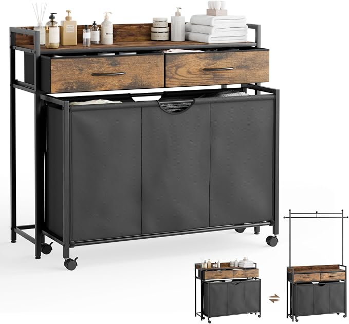 Mondeer 150L Laundry Sorter with Hanging Rack, 3 Compartments, 2 Drawers | Shelf, Wheels, Pull-Out Laundry Hamper for Bathroom Bedroom, Rustic Brown and Black by Mondeer