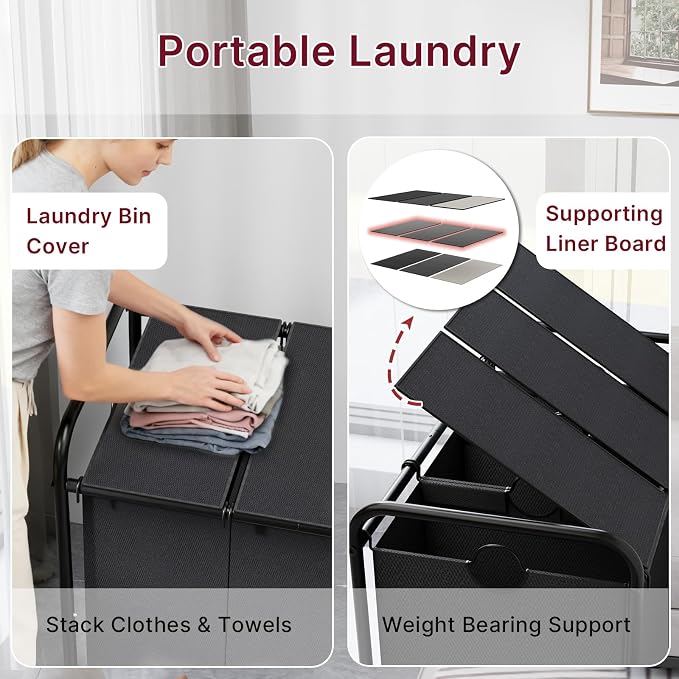 180L Laundry Sorter 3 Section with Lockable Wheels and Lid Black | 3 Large Separate Removable Bags | Heavy Duty Rolling Laundry Basket | Laundry Hamper Cart for Laundry Room Organizer - Image 5