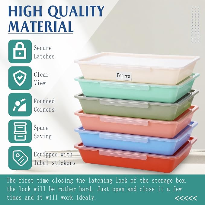 12 Pcs Classroom Paper Storage Bins with Clear Latching Lid, Label Stackable Letter Size Flat Tray Container for Teacher Back to School Supplies Home Office Desk Arts Crafts (Boho,13x10in) - Image 3