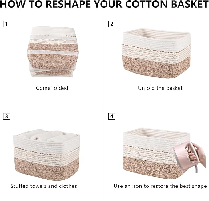 OIASKET 4 Pack Storage Baskets for Organizing, 13"X9"X7.87", Decorative Cotton Rope Baskets for Shelves, Small Woven Basket for Toys, Books and Towels, Brown & White - Image 8