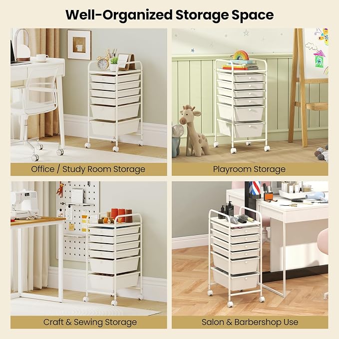 Giantex 6 Storage Drawer Cart Rolling Organizer Cart for Tools Scrapbook Paper Home Office School Multipurpose Mobile Utility Cart (Ivory) - Image 4