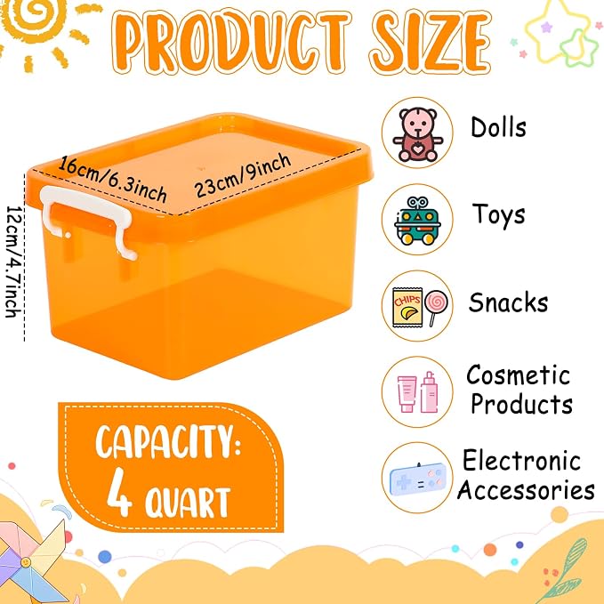 6 Pack 4 Quart Colorful Plastic Storage Bins with Lids Stackable Storage Bins with Latching Lids Handle Clear Colored Storage Organizer Bins for Home Office Pantry Containers(Orange) - Image 2