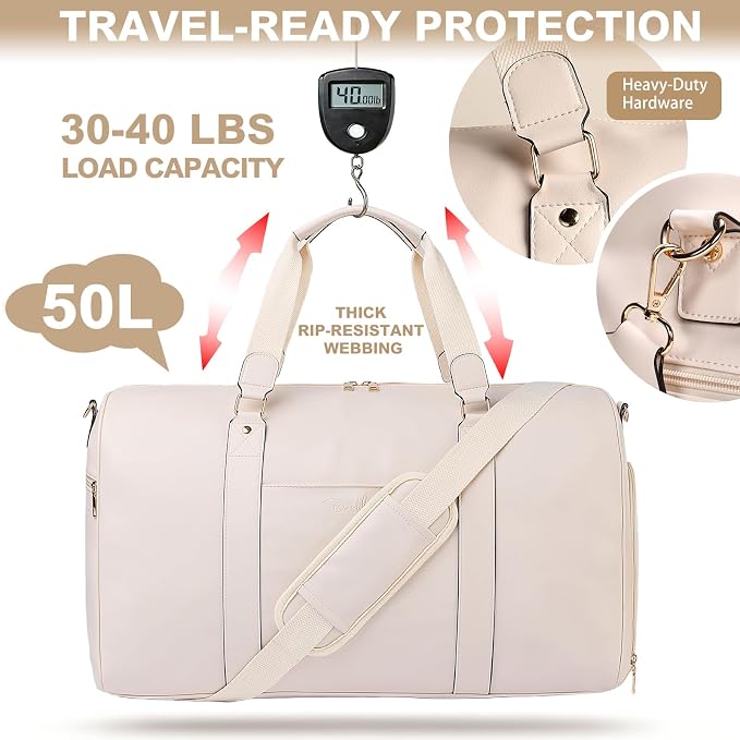 Large 3-in-1 Leather Duffle Bag for Travel Weekender Overnight Hospital Gym Bag for Men & Women, Carry On Airline Approved Personal Item Duffel Garment Bag Luggage with Shoe Compartment & Toiletry Bag - Image 3