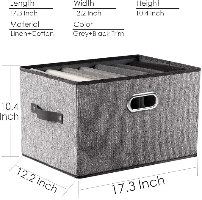 Larger Collapsible Storage Bins for Closet [5-pack] Decorative Linen Fabric Storage Baskets Cubes with Leather/Metal Handles for Living Room Grey (17.3x12.2x10.4 Inch) - Image 5
