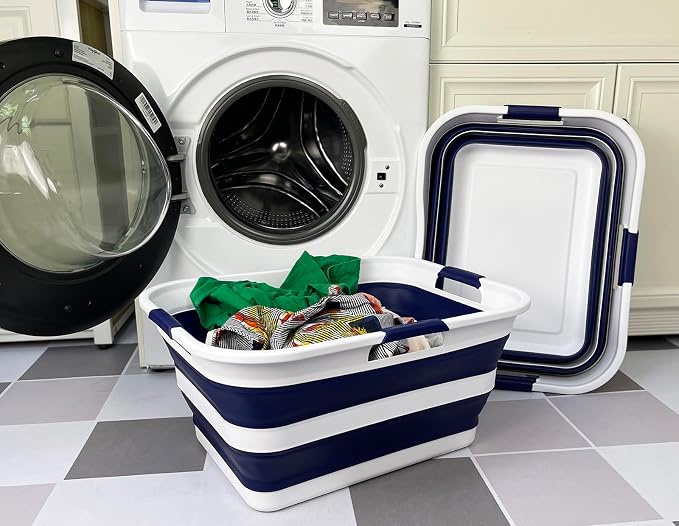 SAMMART 42 (11 Gallons) Collapsible Plastic Laundry Basket, Foldable Pop Up Storage Container/Organizer, Space Saving Hamper, Portable Bin for Dorm Room Bathroom (2, White/Starry Blue) - Image 3