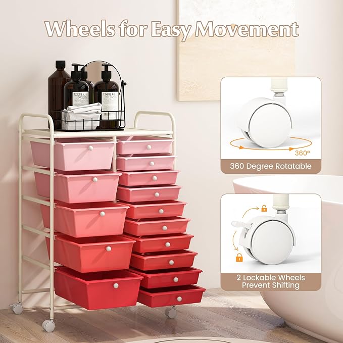 RELAX4LIFE 15-Drawer Storage Drawer Carts - Mobile Rolling Utility Cart w/Wheels, Craft Organizer for Classroom Organization and Storage, School, Office, Home, Storage Organizer Cart (Gradient Pink) - Image 7