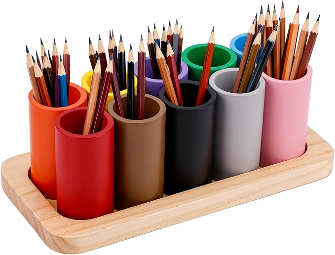 Wooden Colored Pencil Holder, Crayon Storage Organizer | with 10 Movable Compartments Pen Cups Holder for Kids Desk Office Home School Supply by Diegimr