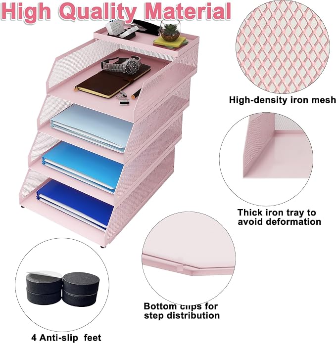 Natwind 4-Tier Stackable Metal Mesh Desk Paper Tray Organizer,Pink | Desktop Accessories for Office Supplies, Letter Tray For Paper Storage ,File Document Holder For Home School Classroom - Image 3