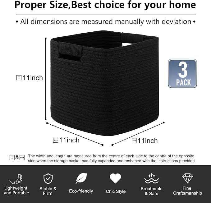 OIAHOMY Storage Cubes 11 Inch Storage Bins-3-Pack, Cotton Rope Woven Baskets for Organizing, Square Storage Baskets for Shelves Organizer, Classroom, Kids Toy Bins, Closet, Baby Nursery-Black - Image 4