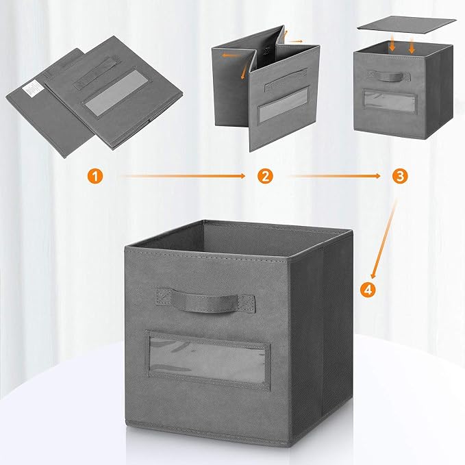 13x13x13 storage cube bins (Set of 10) Fabric storage cubes with 10 Labels Window Cards & a Pen, storage cubes 13x13, Collapsible 13 inch cube storage bins, Cubby Organizer Boxes, Gray - Image 4