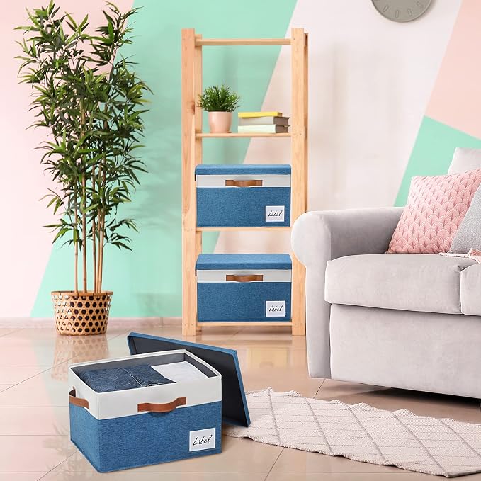 GhvyenntteS Fabric Storage Bins with Lid 6 Pack, Large Decorative Storage Boxes with Lids and Handles, Foldable Fabric Storage Baskets with Lid and Label for Home Office (Blue, 15" x 11" x 9.7") - Image 6