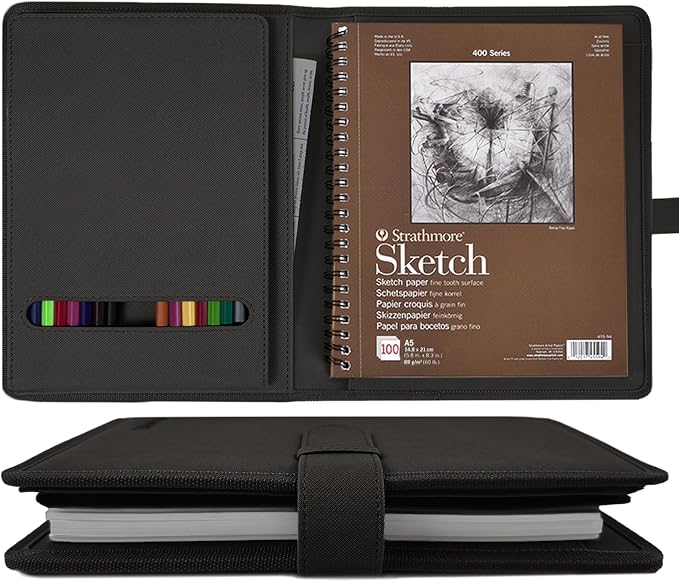 Plinyvel Black Leather Sketchbook Cover 5.5x8.5, Travel Drawing Portfolio | Portable sketch kit organizer, pencil holder, Fits 5.5x8.5 Sketch Book, Spiral Pad, Compact artist storage case by Plinyvel