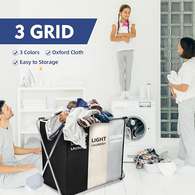 Laundry Cloth Hamper Sorter Basket Bin Foldable 3 Sections with stainless steel Frame Washing Storage Dirty Clothes Bag for Bathroom Bedroom Home Storage Basket(3 Liner, White+grey+black) - Image 5