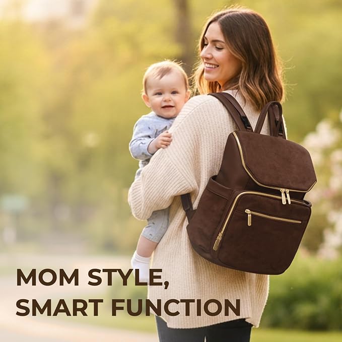 miss fong Leather Diaper Bag Backpack Suede Baby Backpack with Changing Pad | 14Pockets Convertible Mommy Diaper Backpack for Mom Waterproof Wet Pocket,Insulated Pockets,Stroller Straps Luggage Sleeve - Image 6