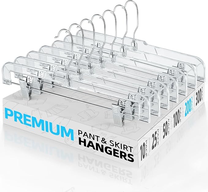 HOUSE DAY Heavy Duty Clear Pants Hangers 200 Pack, 14'' Skirt Hangers | No-Mark Clip Hangers with Stronger Grip, Adjustable Clips for Jeans, Pants, Skirts and Shorts, Bulk Retail, Boutique Hangers by HOUSEDAY
