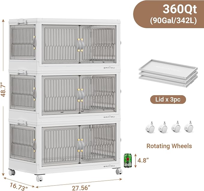 BROVIEW 360Qt Stackable Storage Bins with 3 Lids, Front and Side Open Doors, Plastic Collapsible Closet Organizer and Storage Cabinet, Foldable Box with Wheels Drawer for Home Office, 3Pack White - Image 2