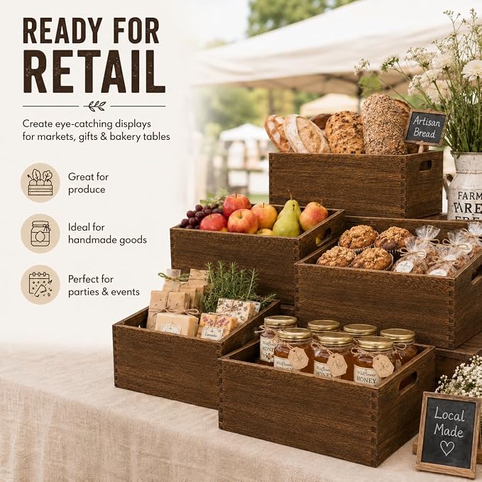 5 Pack Wooden Crates for Display Nesting Wood Crate for Storage with Handle | Rustic Handmade Farmhouse Wooden Basket for Storage and Containe, 5 Size Multipurpose Wood Basket for Fruits Vegetables Boxes - Image 3