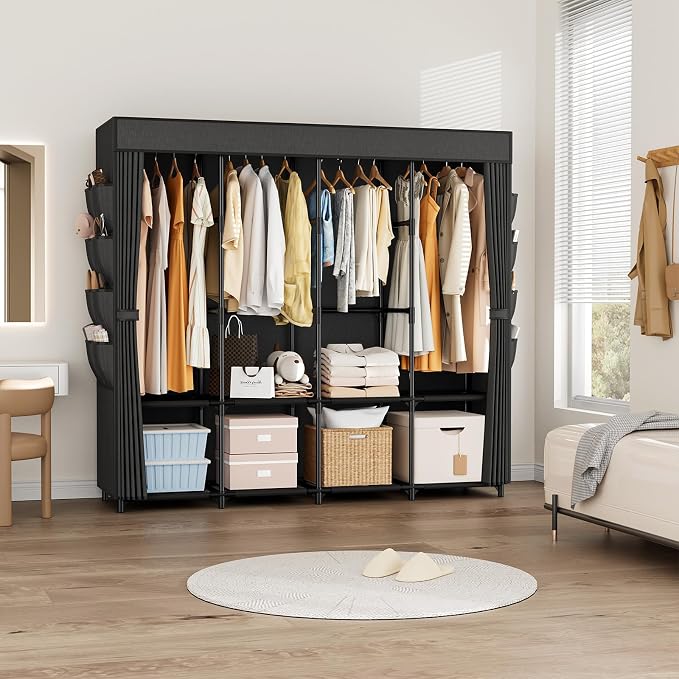 Portable Closet for Hanging Clothes, 67 Inch Wide Portable Wardrobe Closet with Cover, 4 Hanging Rod, Storage Shelves and Side Pockets, Large Free Standing Closet for Bedroom, Black - Image 8