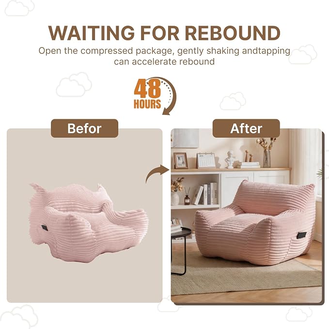 Bean Bag Chair for Adults & Kids, Giant Bean Bag Sofa with Side Pocket, Corduroy Beanbag Chair with Armrests, Comfy Stuffed Floor Sofa for Living Room Bedroom Dorm, Pink - Image 8