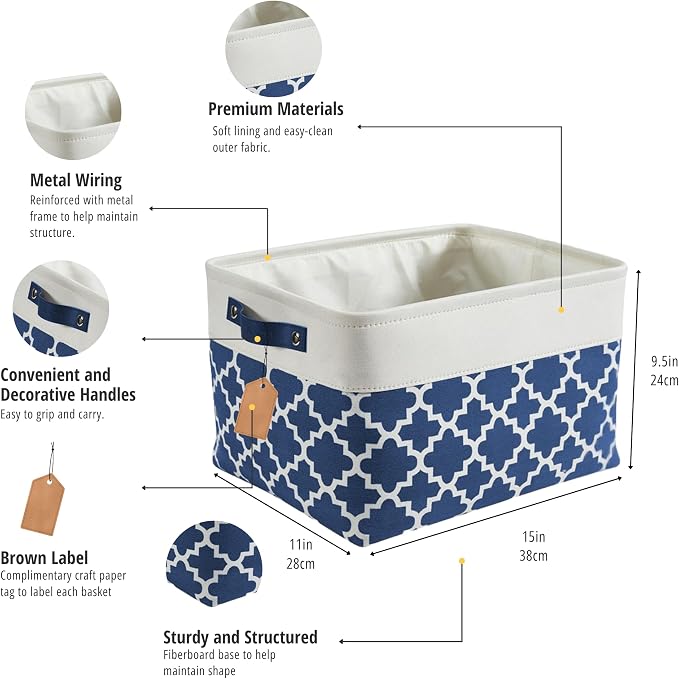 DECOMOMO Storage Bins, Large Fabric Storage Baskets for Shelves 3 Pack | 15 x 11 x 9.5 inches Decorative Linen Closet Organizers with Handles (Blue Patterns) - Image 4