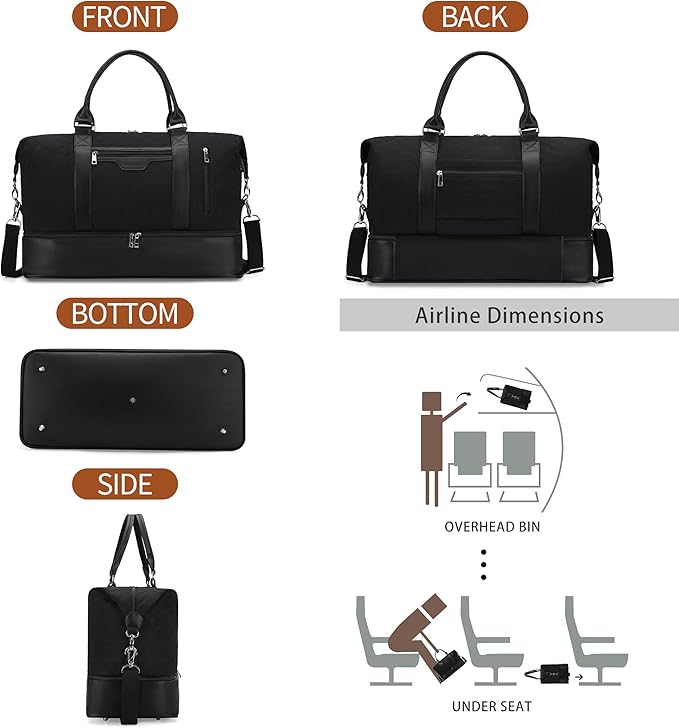 Oeihuivt Weekender Bags for Women - 21 Inch Large Travel Duffel Bag 3-Piece Set with Shoe Compartment, Heavy-Duty Canvas & Leather Carry On Overnight Tote (Airplane Approved) - Image 2