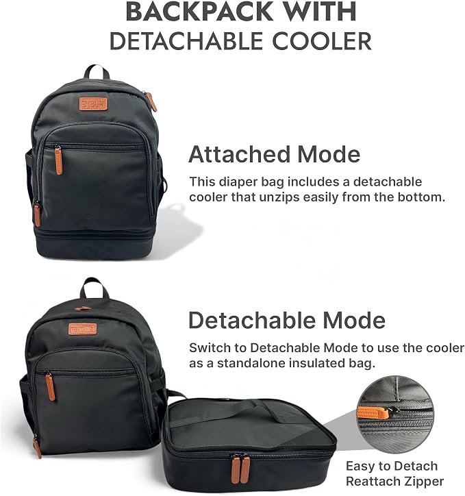 EMBUR Diaper Bag Backpack with Detachable Insulated Cooler – Waterproof, Lightweight Baby Bag with Multi-Compartments, Stroller Straps, Changing Pad, Large Capacity, Ice Packs Included - Image 2