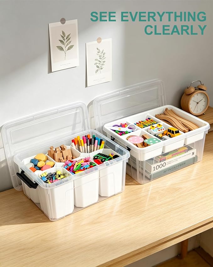 EOENVIVS 17 QT Clear craft storage organizer box with Removable Tray, Plastic storage bins with lids for Kids Art Supplies, Toys, Beads, Tools, Sewing & Classroom Clear+Black Bulcket - Image 3