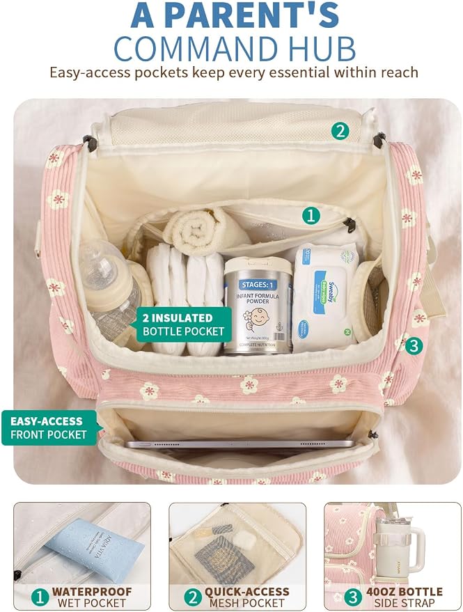 Large Corduroy Diaper Bag Backpack for Mom, 25L Baby Travel Bag with Insulated Bottle Pockets, 40oz Side Strap & Stroller-Ready Straps - Image 3
