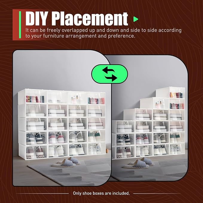 20/24 Pack Clear Clamshell Shoe Storage Boxes,Stackable Shoe Box Organizer,Up to Size 11/12,Need Assembly(20PCS A - Image 8