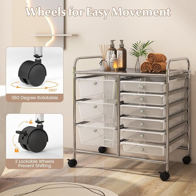 RELAX4LIFE 9 Drawer Rolling Storage Cart - Mobile Drawer Carts for Craft Art Supply Paper Salon, Utility Cart on Wheels for Classroom Teacher School Office, Rolling Cart with Drawers (Clear) - Image 7