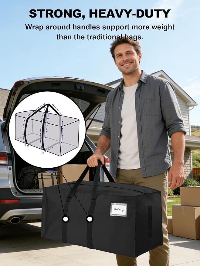 HOMESURE Supports 200lbs Heavy Duty Moving Bags - Strong Zipper & Wrap-Around Handles - Water-Resistant Storage Totes, Durable Alternative to Moving Boxes - 12 Pack - Black - Image 2
