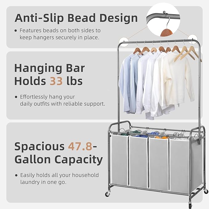 STORAGE MANIAC Laundry Sorter with Hanging Bar, Portable, Removable Laundry Hamper Cart with Heavy Duty Lockable Wheels and Removable Bags, Rolling Laundry Basket Organizer 181L, 4 Section Gray - Image 4