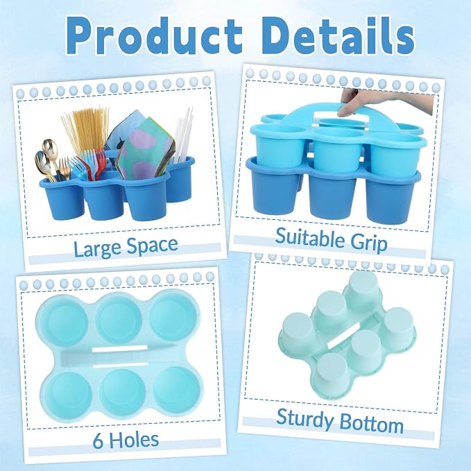 6 Pack Classroom Caddy Organizer with Handle, 6 Compartments, Gradient Blue | Stackable Plastic Table Caddies, 12x9x3.5 In, caddy Organizer for School Supplies, Crayons, Pencils, Crafts and Drink Cups - Image 3
