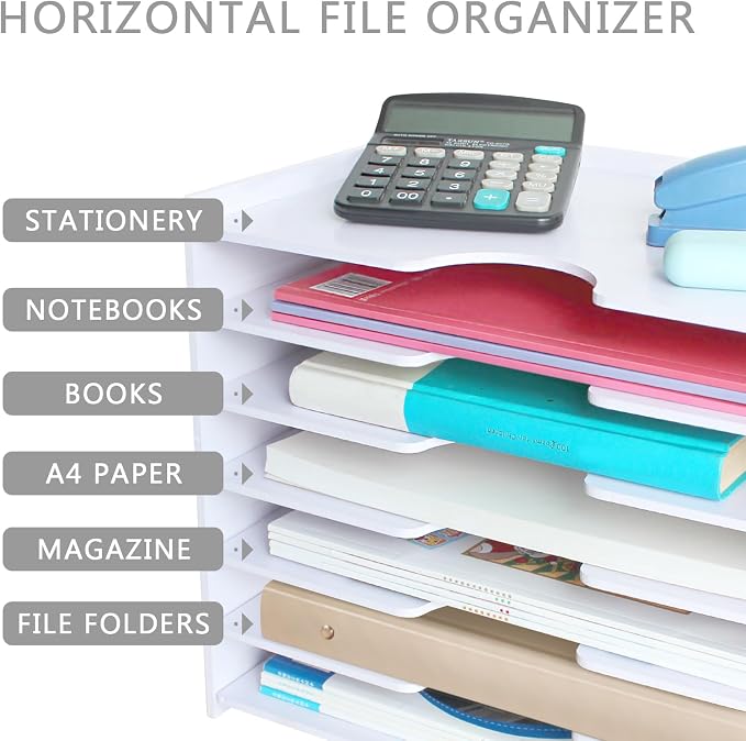 SONGWAY File Organizer for Desk - 7 Tier Wide Document Holder, Letter Mail Tray Storage Rack, A4 Paper Storage Holder, Desktop Organizer for Home Office School, White - Image 4