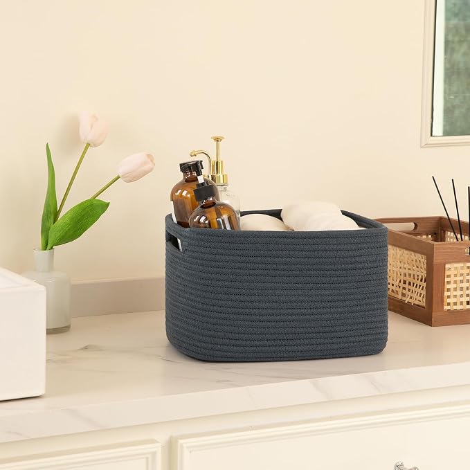 OIAHOMY 4 Pack Storage Baskets for Organizing 15L Cube Storage Bins Blue | Woven Baskets for Storage Rectangle Small Baskets With Handles Baskets for Shelves Wicker Baskets for Shelves 12.7x9x7.8inch - Image 5
