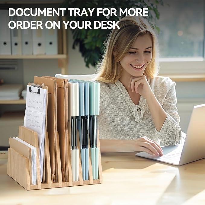 KIRIGEN Wooden File Organizer, 7-Slot Upright Holder for Desk Natural 7K-NA | Seven Upright Slots Sort Mail, File Folders, Papers, Bills, Envelopes, and Notebooks; 9.92 x 10.35 x 7.08 In, No Assembly - Image 5