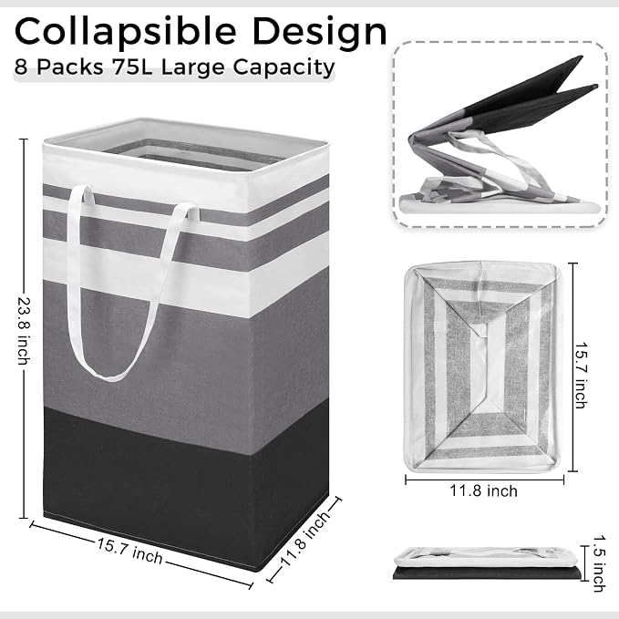 8 Pcs 75 L Large Laundry Basket Organizer bulk Collapsible Tall Waterproof Laundry Hamper Bag with Easy Carry Handles Freestanding Clothes Hamper Storage Basket for Toys Clothes Room, Gradient Grey - Image 2