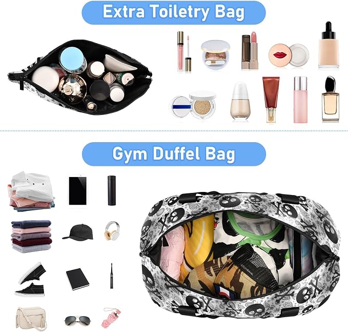 MNSRUU Travel Duffel Tote Bag Skulls Black Grey Paisley Sports Duffel Bag with Wet Pocket Weekender Overnight Bag for Women Men Gym Bag, Carry On Bag Hospital Bag for Labor & Delivery - Image 3