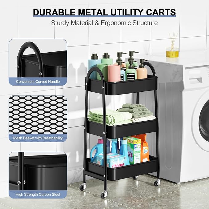3 Tier Utility Rolling Cart, Metal Storage Cart with Handle and Lockable Wheels, Multifunctional Storage Organizer Trolley with Mesh Baskets for Kitchen, Living Room, Office, Garage (Black) - Image 2