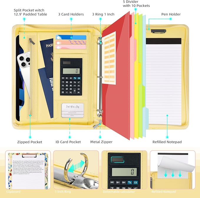 Ospelelf Leather Clipboard Binder with Storage - 3 Ring Zippered Padfolio Portfolio Folder - Calculator, 12.1” Tablet Sleeve, 5 Dividers with Pocket, Refillable Notepad, Card Slot (Floral) - Image 3