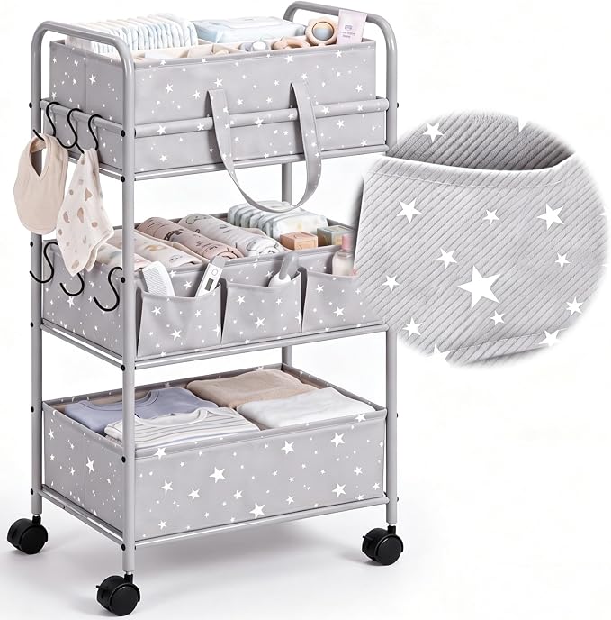 Yookeer 2in1 Baby Diaper Caddy Organizer Cart 3 Tier Large Capacity Metal Utility Bedside Rolling Cart with Divider Newborn Registry Gift Nursery Essential Must Have Bedroom Baby Shower(Gray,Star) by Yookeer