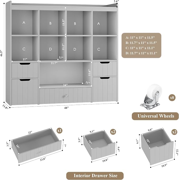 HORSTORS 48" W Kids Toy Storage Organizer, Kids Bookshelf w/Storage, Grey | 2 Mobile Toy Boxes & 3 Drawers, Toy Storage Chest with Open Cubbies for Boys and Girls, Kids Bookcase for Playroom, Classroom - Image 3