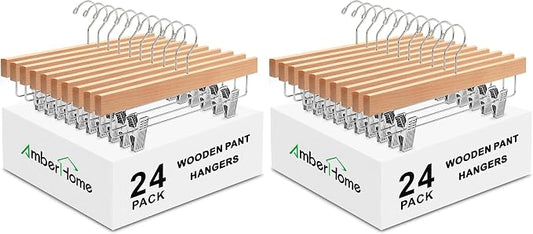 Amber Home 48 Pack Wooden Pants Hangers with Clips, Natural by AmberHome