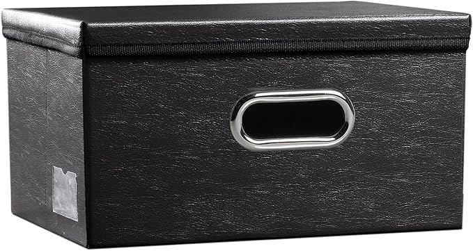 Collapsible Storage Box with Lid [1-Pack] Leather Fabric Foldable Storage Bin Organizer Container Basket Cube with Cover for Home Bedroom Closet Office Nursery Black (13.6x9.6x6.9) by Prandom