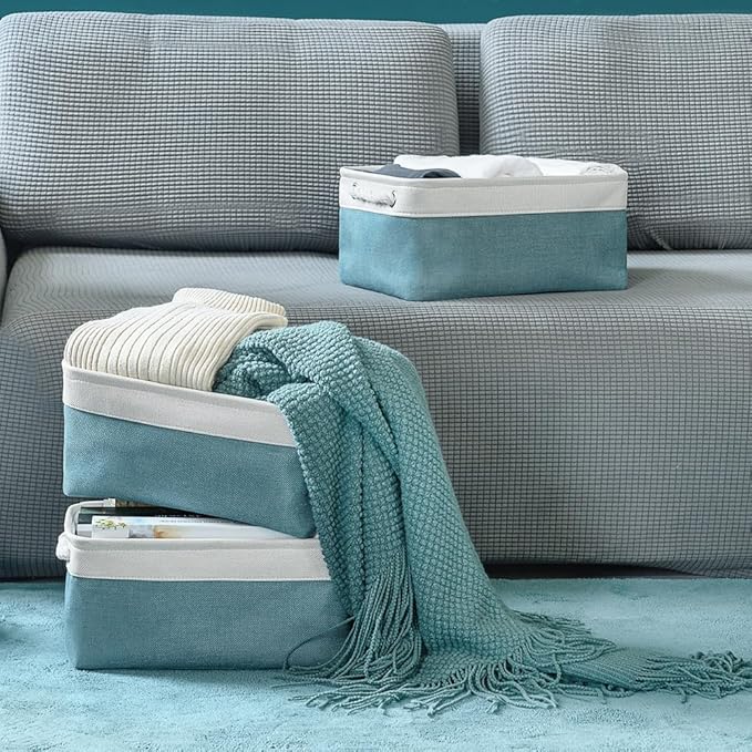 Fabric Storage Bins Baskets for Organizing,Sturdy Storage Basket W/Handles, Decorative Foldable Storage Baskets for Shelves Closet Nursery Toy (White&Teal, Medium - 3 Pack) - Image 3